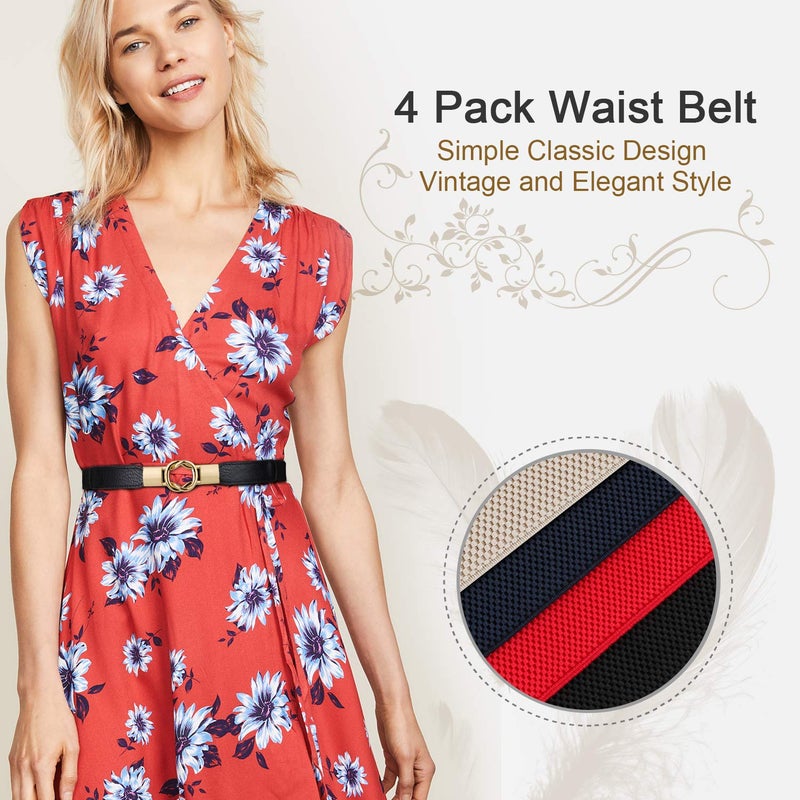 WERFORU Women Skinny Belt for Dresses Retro Stretch Waist Belt with Gold Buckle Set of 4,Black+Red+Blue+Beige - Image 4